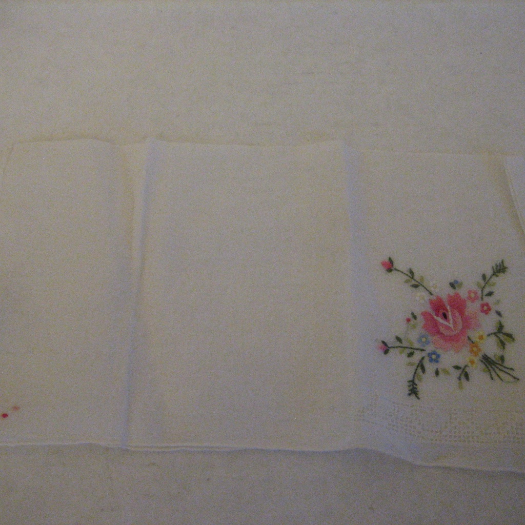 Embroidered Pink Flowers White Handkerchief 12x12